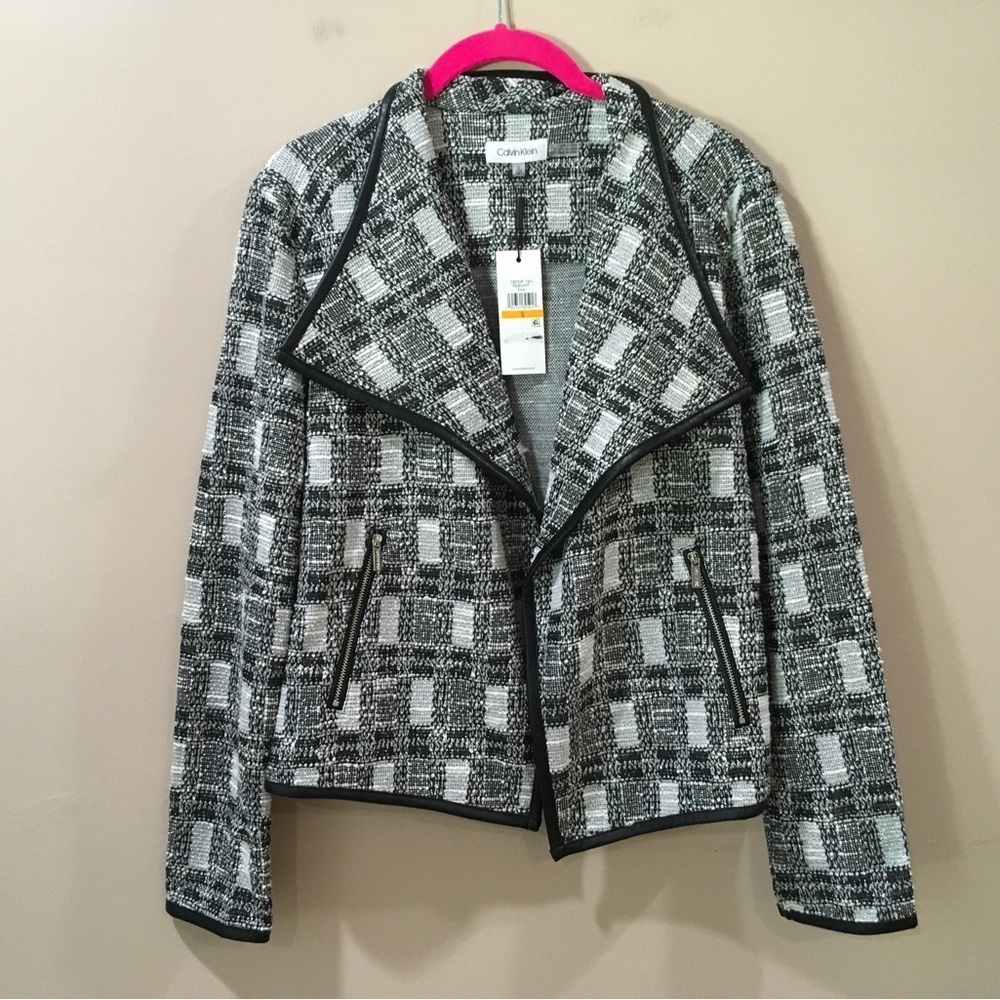 NWT Calvin Klein Black & White Tweed Open-Front Jacket with Faux Leather Trim S - Picture 2 of 7
